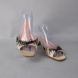 Prada Heels Sz No Size 7? Tan Black Beaded Bow Slip On Leather Satin 2" AS IS